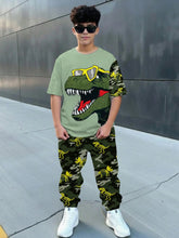 2pcs Big Boys Dinosaur Graffiti Tee & Pants Set - Sage Green