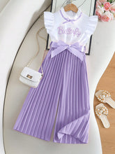 2pcs Girls Ruffle Cap Sleeve Top & Pleated Wide-Leg Pants - Wisteri...