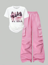 2pcs Big Girls Graphic Tee & Wide-Leg Cargo Pants Set - Flamingo | ...