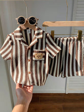 2pcs Boys Striped Knit Resort Collar Shirt & Shorts Set - Latte