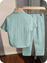 2pcs Little Boys Crinkle Texture Stand Collar Shirt & Trousers Set - Aqua