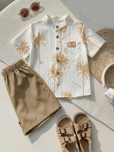 2pcs Boys Palm Print Mandarin Collar Shirt & Shorts Set - Ivory