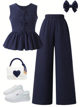 2pcs Girls Bow-Tie Peplum Top & Wide-Leg Pants Set - Midnight | 21 ...