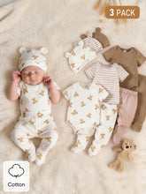 3pcs Baby Boys Bear Print & Ribbed Bodysuit Set - Ivory | 21 Centur...