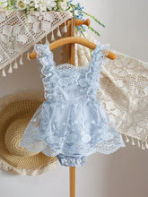 Baby Girls Floral Embroidered Mesh Overlay Ruffle Bodysuit - Powder Blue