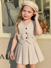 2pcs Little Girls Bow V-Neck Vest & Pleated Skirt Set - Ecru | 21 C...