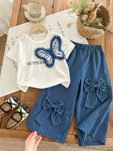 2pcs Little Girls Butterfly Appliqué Tee & Wide-Leg Pants Set - Sla...