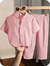 Little Boys Textured Stand Collar Shirt & Trousers Set - Blush