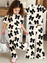 2pcs Little Girls Bow Print Tee & Flare Pants Set - Ecru | 21 Centu...