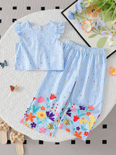 2pcs Girls Striped Flutter Sleeve Top & Wide-Leg Pants Set - Periwi...