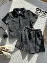 2pcs Boys Washed Collar Shirt & Shorts Set - Graphite