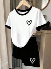 2pcs Big Girls Heart Print Contrast Ringer Tee & Shorts Set - Ivory...