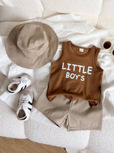 3pcs Boys Letter Graphic Tank Top & Striped Shorts Set - Mocha