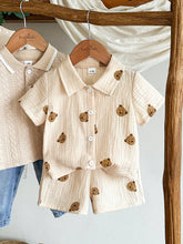 Boys Bear Print Muslin Collar Shirt & Shorts Set - Ecru