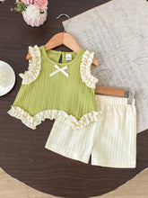 Girls Ruffle Trim Bow Vest & Shorts Set - Sage