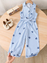 Girls Bow Print Striped Belted Wide-Leg Jumpsuit - Cerulean