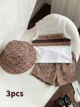 3pcs Boys Courageous Graphic Vest, Shorts & Bucket Hat Set - Latte ...