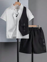 2pcs Big Boys Collared Shirt & Shorts Set - Ivory