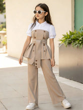 2pcs Big Girls Puff Sleeve Peplum Top & Wide-Leg Pants Set - Greige...