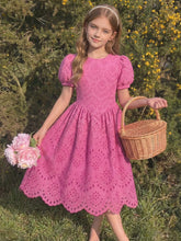 Girls Eyelet Embroidered Puff Sleeve A-Line Dress - Fuchsia | 21 Ce...