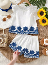 Little Girls Floral Embroidered Ruffle Linen Co-ord - Ivory