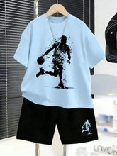 2pcs Boys Basketball Splatter Print Tee & Shorts Set - Cerulean | 2...