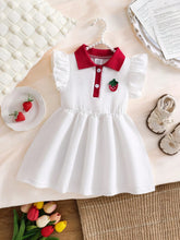 Girls Strawberry Embroidered Polo Collar Flutter Sleeve Dress - Ivo...