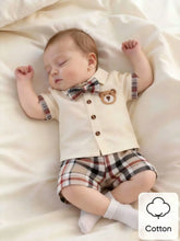 3pcs Baby Boys Bear Patch Bow-Tie Shirt & Plaid Shorts Set - Ecru |...