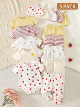 5pcs Baby Girls Strawberry Floral Bodysuit Pants & Hat Set - Ivory ...