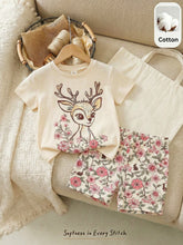 2pcs Girls Deer Floral Print Tee & Shorts Set - Isabelline