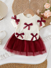 2pcs Girls Bow Appliqué Ribbed Top & Tulle Skirt Set - Ivory | 21 C...