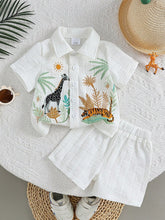 2pcs Boys Safari Animal Print Resort Collar Shirt & Shorts Set - Ivory
