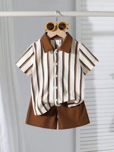2pcs Boys Waffle Stripe Polo Shirt & Shorts Set - Ecru