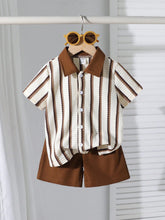 2pcs Boys Waffle Stripe Polo Shirt & Shorts Set - Ecru