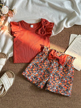 2pcs Girls Bow Ruffle Ribbed Top & Floral Shorts Set - Terracotta |...