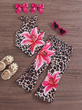 2pcs Girls Lily Print Leopard Halter Top & Flare Pants Set - Latte ...