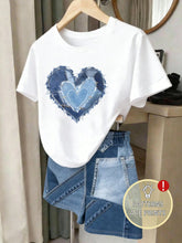 2pcs Big Girls Patchwork Heart Print Tee & Denim Shorts Set - Ivory...