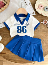 2pcs Girls Varsity Polo Top & Pleated Skirt Set - Cobalt | 21 Centu...