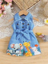 Girls Safari Animal Print Belted Denim Romper - Cerulean | 21 Centu...