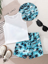 3pcs Boys Tropical Print Vest, Shorts & Bucket Hat Set - Cerulean