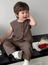 2pcs Boys Pinstripe Sleeveless Vest & Wide-Leg Trousers Set - Wenge...