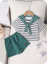 3pcs Unisex Stripe Sailor Collar Tee & Shorts Set - Isabelline