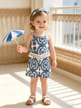 2pcs Girls Indigo Print Tassel Strap Top & Shorts Set - Ivory