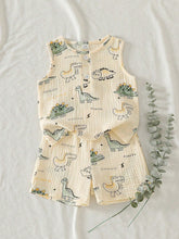 2pcs Boys Dinosaur Print Muslin Vest & Shorts Set - Ecru | 21 Centu...