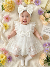 Baby Girls Lace Embroidery Bow Romper Dress - Ivory