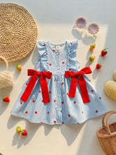 Girls Strawberry Print Ruffle Flutter Sleeve Bow Dress - Powder Blu...