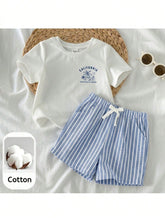 2pcs Boys California Graphic Tee & Striped Shorts Set - Ivory