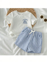 2pcs Boys California Graphic Tee & Striped Shorts Set - Ivory