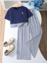 2pcs Big Girls Crop Tee & Striped Wide-Leg Pants Set - Midnight | 2...