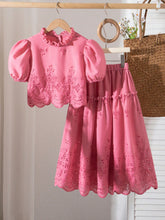 2pcs Big Girls Eyelet Embroidered Puff Sleeve Top & Midi Skirt Set ...